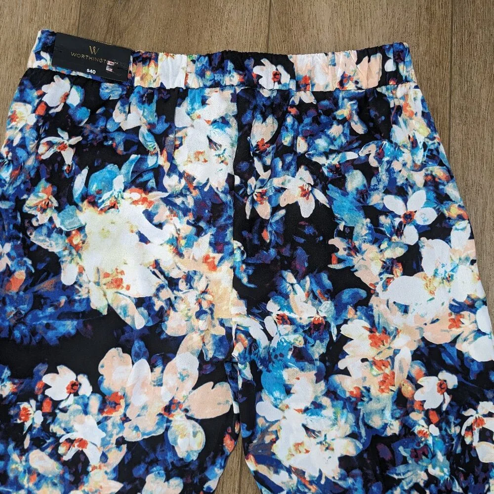 NWT Worthington Blue White Floral Mid Rise Pull On Pants Tapered Leg Sz Small S - Picture 8 of 9